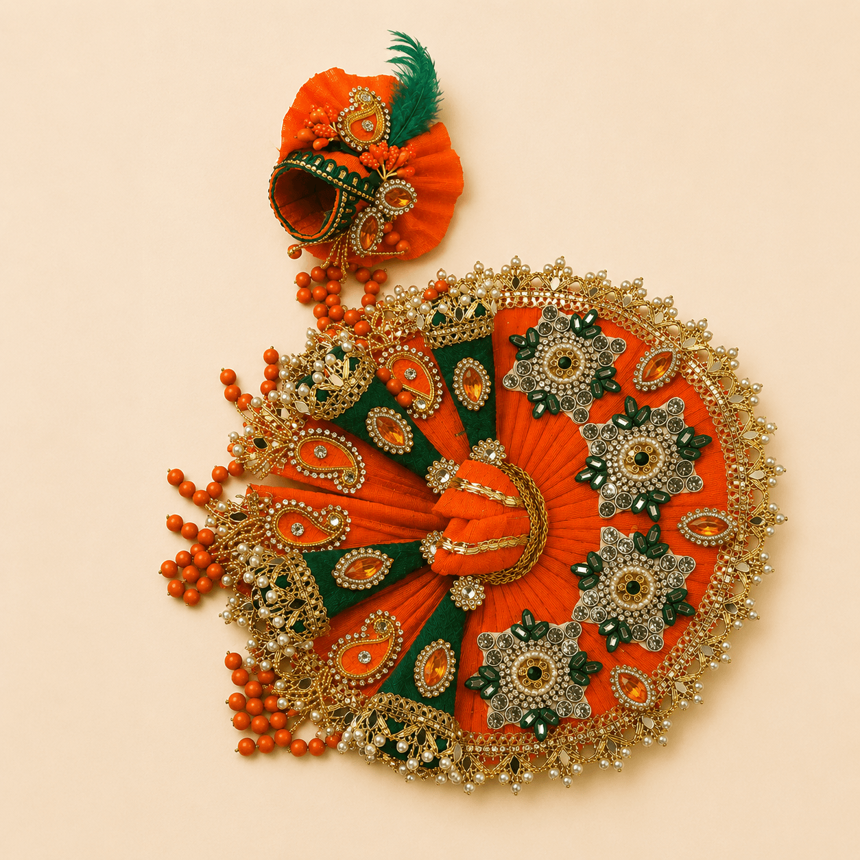 Saffron and green flared poshak with gold zari paisley butis and coral bead latkan